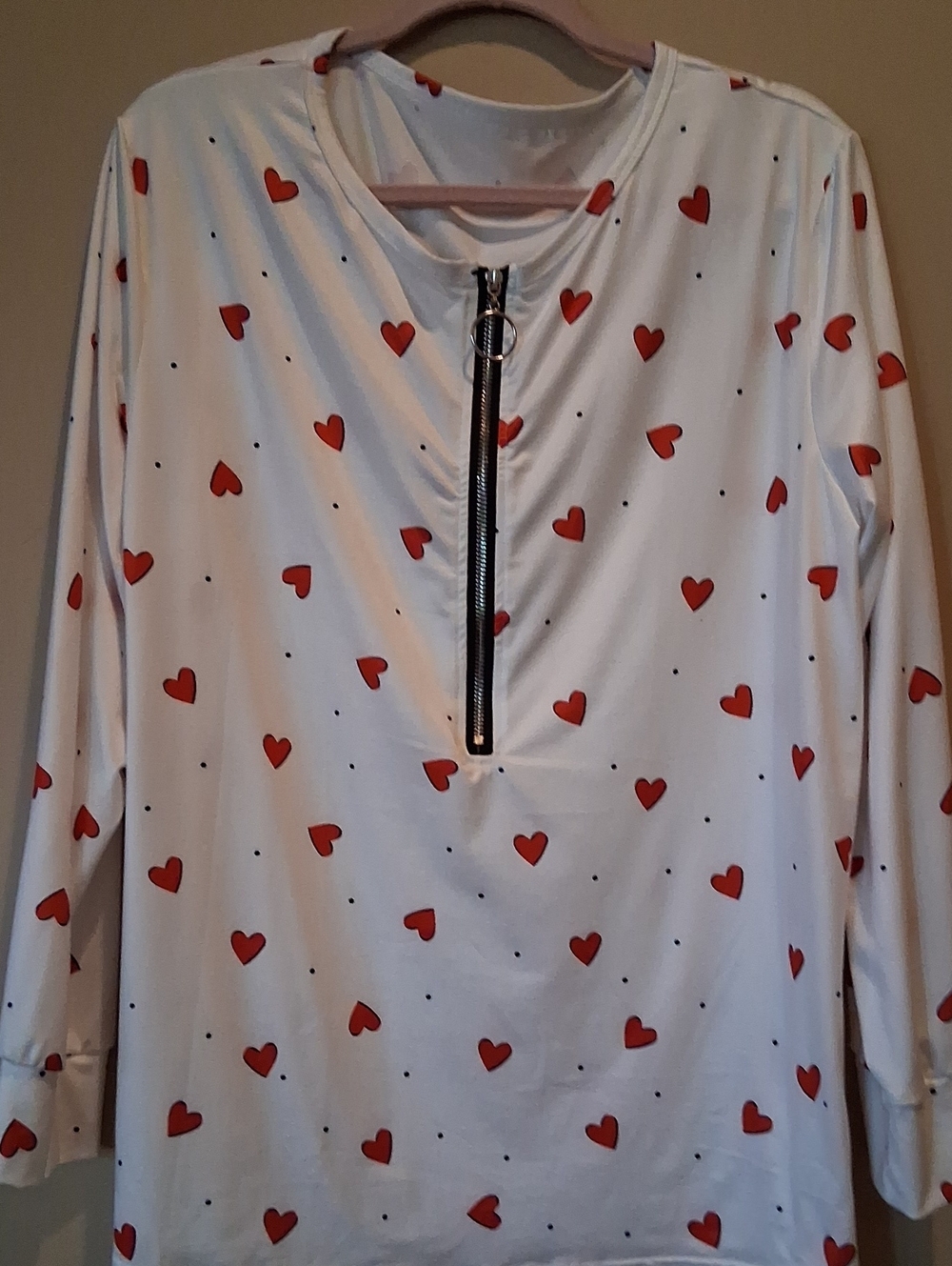 Womens White Long Sleeve Top with Red Heart Print and Zip Detail